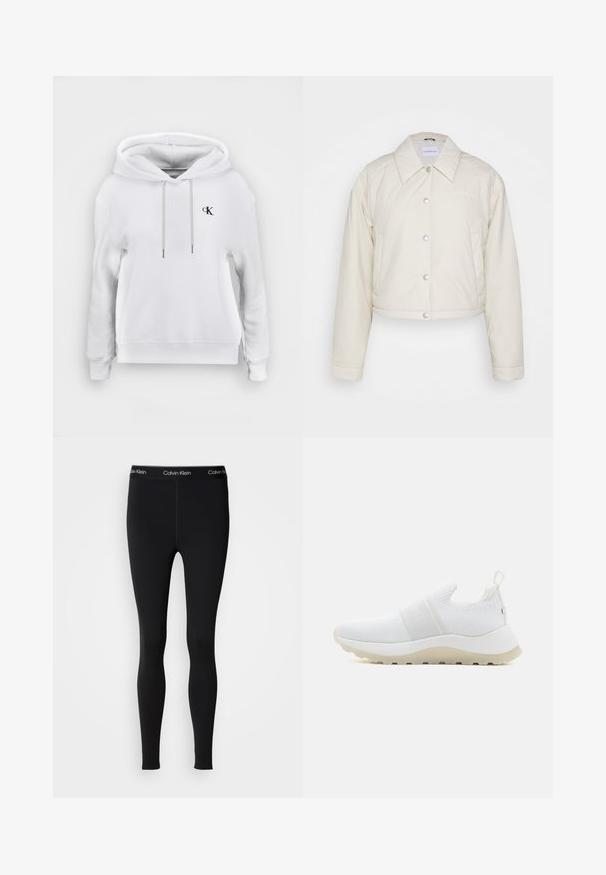 Calvin Klein Jeans CROPPED COACH JACKET - Übergangsjacke - eggshell; Weißes Kapuzen-Sweatshirt mit vorderen Kordeln und kleinem schwarzem "cK"-Logo auf der linken Brust, gerippte Bündchen und Saum.; Schwarze, knöchellange Leggings von Calvin Klein mit logobezogenem Bündchen, schlanker Passform und glattem Stoff vor einfarbigem Hintergrund.; Calvin Klein RUNNER SLIP ON - Sneaker low - white