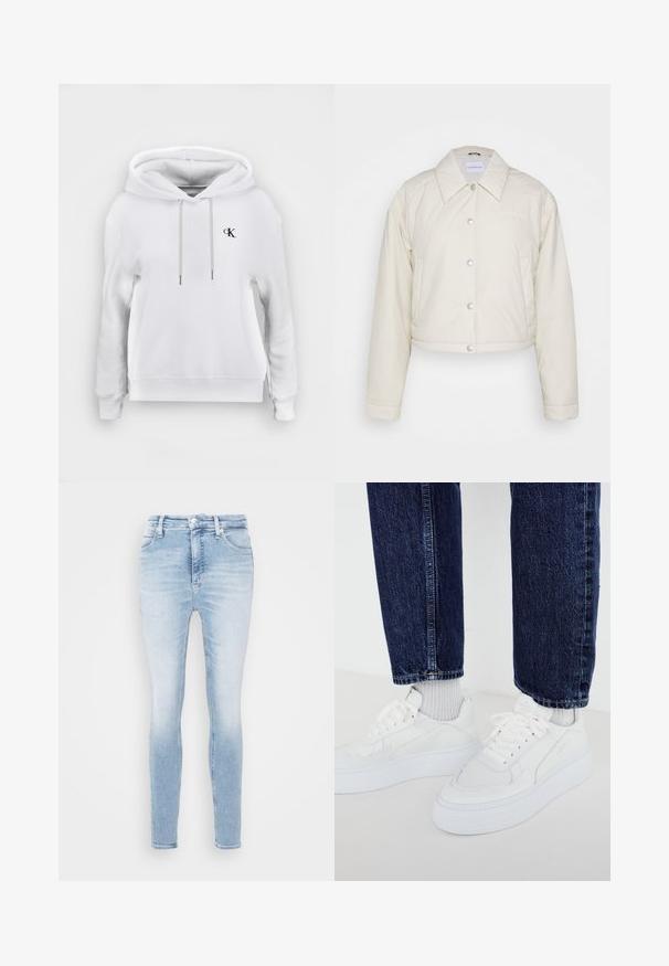 Calvin Klein Jeans CROPPED COACH JACKET - Jas - eggshell; Witte hooded sweatshirt met vooraan trekkoorden en klein zwart "cK" logo op de linkerborst, geribde manchetten en zoom.; Lichtblauwe vervaagde skinny jeans met een voorste knoop en rits, voor- en achterzakken, afgebeeld tegen een witte achtergrond.; Witte sneakers met een textuurontwerp en dikke zolen, gecombineerd met lichtgrijze geribbelde sokken en donkerblauwe spijkerbroek.