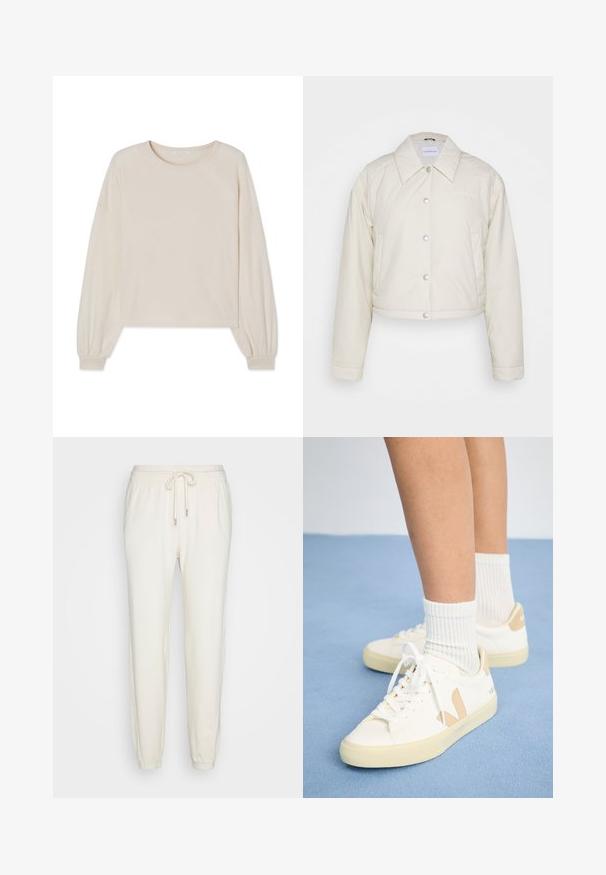Calvin Klein Jeans CROPPED COACH JACKET - Overgangsjakke - eggshell; Lys beige cropped sweater lavet af blødt stof, med rund halsudskæring og lange pufærmer med elastiske manchetter. Ingen mønstre eller pynt.; aerie TWIST SEAM JOGGER - Træningsbukser - toasted coconut; Hvide sneakers med brune detaljer, rund tå og hvide snørebånd. Båret sammen med ribbede hvide strømper, sat mod en lys blå baggrund.