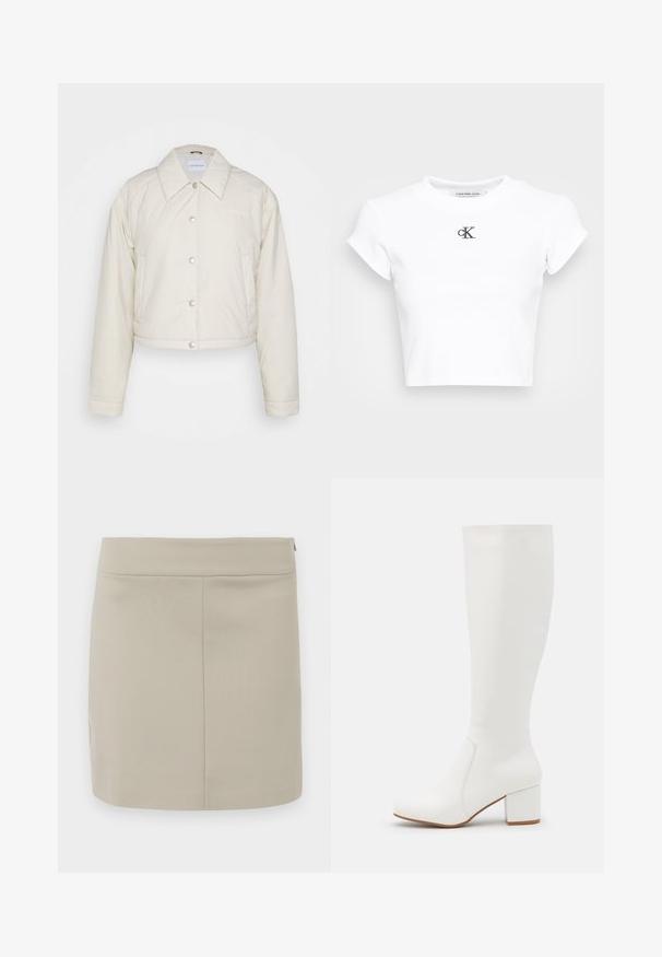 Calvin Klein Jeans CROPPED COACH JACKET - Overgangsjakke - eggshell; Hvid cropped t-shirt lavet af ribbet stof. Har en rund halsudskæring og korte ærmer. Sort broderet "cK" logo på brystet.; Beige miniskirt lavet af glat stof, med en lige skæring, enkelt design og en skjult lynlås i siden.; Hvide knæhøje støvler med en glat, blank finish. Firkantet blokhæl og diskret syningsdetalje langs siden.