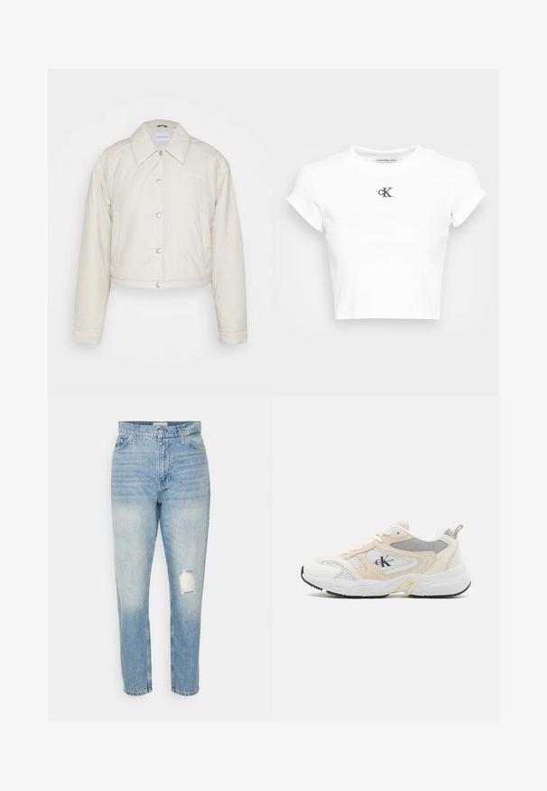 Calvin Klein Jeans CROPPED COACH JACKET - Chaqueta de entretiempo - eggshell; Camiseta corta blanca hecha de tela acanalada. Presenta un escote redondo y mangas cortas. Logotipo "cK" bordado en negro en el pecho.; Calvin Klein Jeans MOM JEAN - Vaqueros boyfriend - denim light; Zapatillas deportivas en blanco y beige claro, elaboradas con materiales de malla y sintéticos, que presentan una suela gruesa, acentos texturizados y un detalle del logo en el costado.