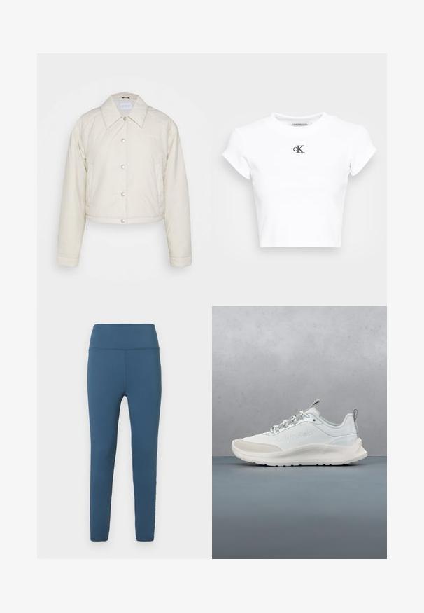 Calvin Klein Jeans CROPPED COACH JACKET - Chaqueta de entretiempo - eggshell; Camiseta corta blanca hecha de tela acanalada. Presenta un escote redondo y mangas cortas. Logotipo "cK" bordado en negro en el pecho.; Leggings azules de cintura alta fabricadas con tela elástica. Textura suave con un ajuste ceñido y detalles cosidos a lo largo de las costuras.; Zapatilla blanca Calvin Klein con suela gruesa, cordones y logo en el lateral, flotando sobre un suelo exterior de baldosas de terracota y guijarros.