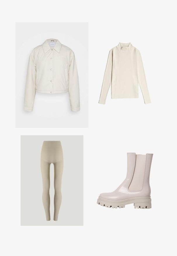 Calvin Klein Jeans CROPPED COACH JACKET - Jas - eggshell; Crème-kleurige, lange mouwen, geribbelde trui met een verhoogde kraag en verticale naaddetails aan de voorkant en achterkant.; Beige naadloze legging in volledige lengte met hoge taille gemaakt van rekbare stof, getoond tegen een lichte neutrale achtergrond.; Lichtroze glanzende enkelboot met elastische zijpanelen, robuuste grijze rubberen zool en een gestructureerd profiel voor grip. Strak, minimalistisch ontwerp.