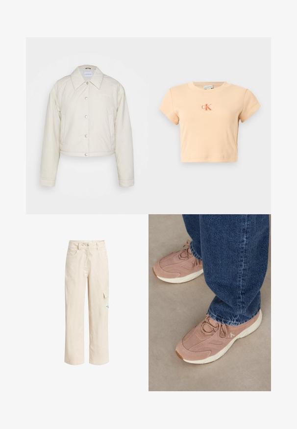 Calvin Klein Jeans CROPPED COACH JACKET - Übergangsjacke - eggshell; Helles Pfirsichfarbenes kurzärmliges Cropped-T-Shirt aus geripptem Baumwollstoff, mit einem zentralen Logo in dunklerem Orange und minimalen Nähdetails.; Beige Cargo-Hosen aus leichtem Stoff, mit geradem Bein, Seitentasche und dezenten Nähten.; Helle pinke Sportschuhe mit einem strukturierten Wildleder-Obermaterial, ausgestattet mit einer weißen Laufsohle und dezentem Branding, kombiniert mit dunkelblauen Denim-Jeans.