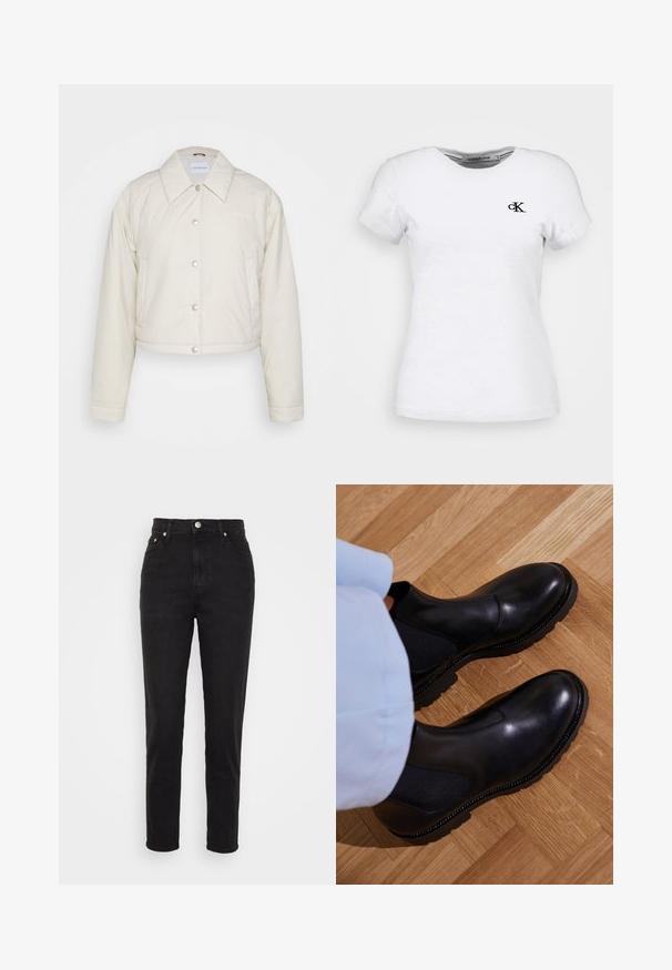 Calvin Klein Jeans CROPPED COACH JACKET - Ľahká bunda - eggshell; Biele priliehavé tričko s krátkym rukávom s malým čiernym logom Calvin Klein "cK" na ľavej strane hrudníka a okrúhlym výstrihom.; Čierne vysoké slim-fit džínsy so zapínaním na gombík vpredu, pútkami na opasok a dizajnom s piatimi vreckami na bielom pozadí.; Čierne členkové topánky vyrobené z hladkej kože s elastickými bočnými panelmi, textúrovanou gumovou podrážkou a kontrastným prešívaním po okraji.