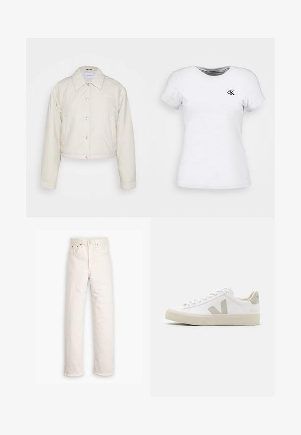 Calvin Klein Jeans CROPPED COACH JACKET - Übergangsjacke - eggshell; Weißes kurzärmeliges, eng anliegendes T-Shirt mit kleinem schwarzem Calvin Klein "cK" Logo auf der linken Brust und Rundhalsausschnitt.; Weiße Denim-Jeans mit geradem Bein, im Fünf-Taschen-Stil und mit kupferfarbenen Hardware-Details. Rohschnitt an den Knöcheln.; Weiße Sneaker aus Leder mit grauen V-Logo-Akzenten, strukturiertem Gummiabsatz, weißen Schnürsenkeln sowie gepolstertem Zungen- und Knöchelbereich.