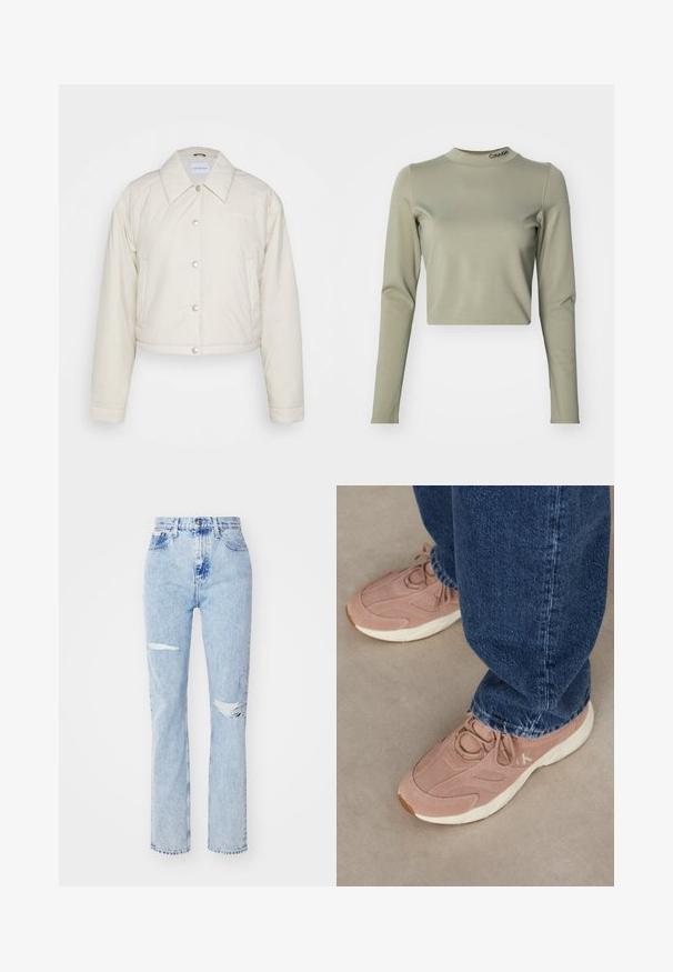 Calvin Klein Jeans CROPPED COACH JACKET - Ľahká bunda - eggshell; Zrezaný dlhý rukáv top v svetlo olivovej farbe, vyrobený z hladkej elastickej tkaniny, s vysokým výstrihom a logom Calvin Klein na golieri.; Svetlomodré vysoké džíny vyrobené z denimu, s dvoma roztrhnutiami na kolenách, rovnými nohavicami a viditeľným stehom na páse a na lemoch.; Svetloružové športové topánky s textúrovaným semišovým zvrškom, vybavené bielou podrážkou a jemným brandingom, skombinované s tmavomodrými džínsami.