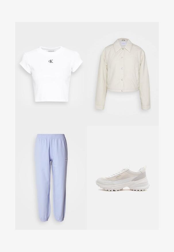 Calvin Klein Jeans CROPPED COACH JACKET - Übergangsjacke - eggshell; Weißes, kurzes T-Shirt aus geripptem Material. Mit Rundhalsausschnitt und kurzen Ärmeln. Schwarzes, gesticktes "cK"-Logo auf der Brust.; Helle blaue Baumwoll-Sweatpants mit einem elastischen Bund, schmal zulaufenden Knöcheln und einem kleinen Logo, das seitlich gestickt ist. Glatte Textur.; Weißer klobiger Sneaker mit Mesh-Obermaterial, dicker Sohle, Calvin Klein Logo an der Seite und Zuglasche an der Ferse.