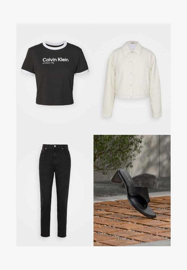 Calvin Klein Jeans CROPPED COACH JACKET - Välikausitakki - eggshell; Lyhyt ja musta t-paita, jossa valkoinen kaulus ja hihan korostukset. Tässä on painettuna valkoisella "Calvin Klein" ja "endless city". Pehmeää puuvillamateriaalia.; Mustat korkeavyötäröiset slim-fit farkut etupainikkeella, vyölenkeillä ja viidellä taskulla valkoisella taustalla.; Musta Calvin Kleinin korkokengäsandaali varvassilmukalla, puisella laattalattialla ulkona, lähellä puuta ja kiviseinää.