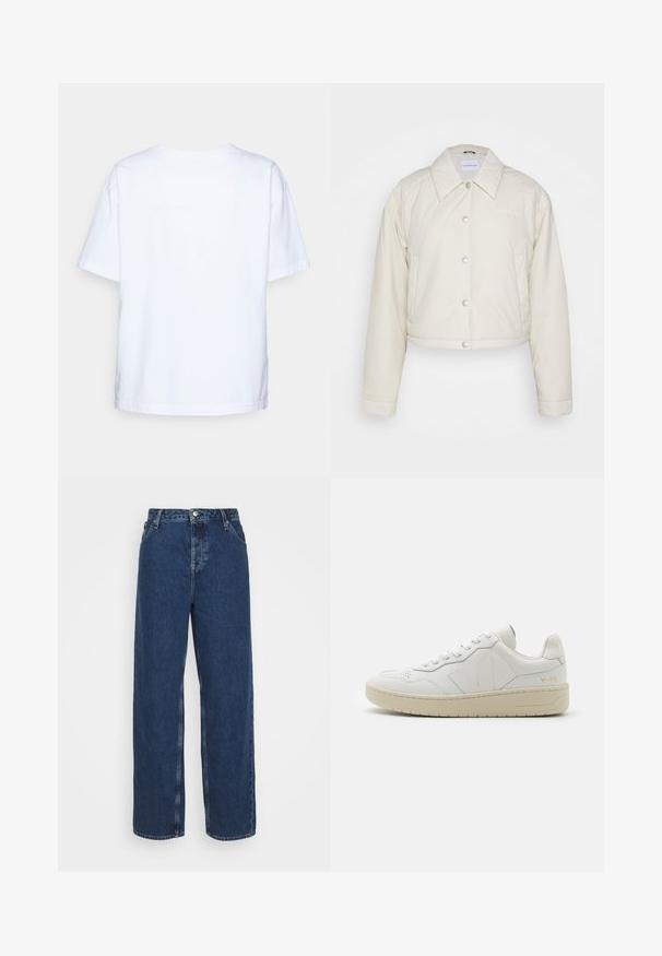 Calvin Klein Jeans CROPPED COACH JACKET - Ľahká bunda - eggshell; Jednoduché biele bavlnené tričko s krátkym rukávom zobrazené zozadu na svetlo šedom pozadí.; Tmavomodré rifľové nohavice s širokými nohavicami a vysokým pásom, s uzatváraním na gombík a zips, dizajnom s piatimi vreckami a rovnými nohavicami od bedra po lem.; Biele kožené tenisky s perforovanou špičkou, kontrastnou béžovou gumovou podrážkou a logovými akcentmi na boku a päte. Minimalistický dizajn.