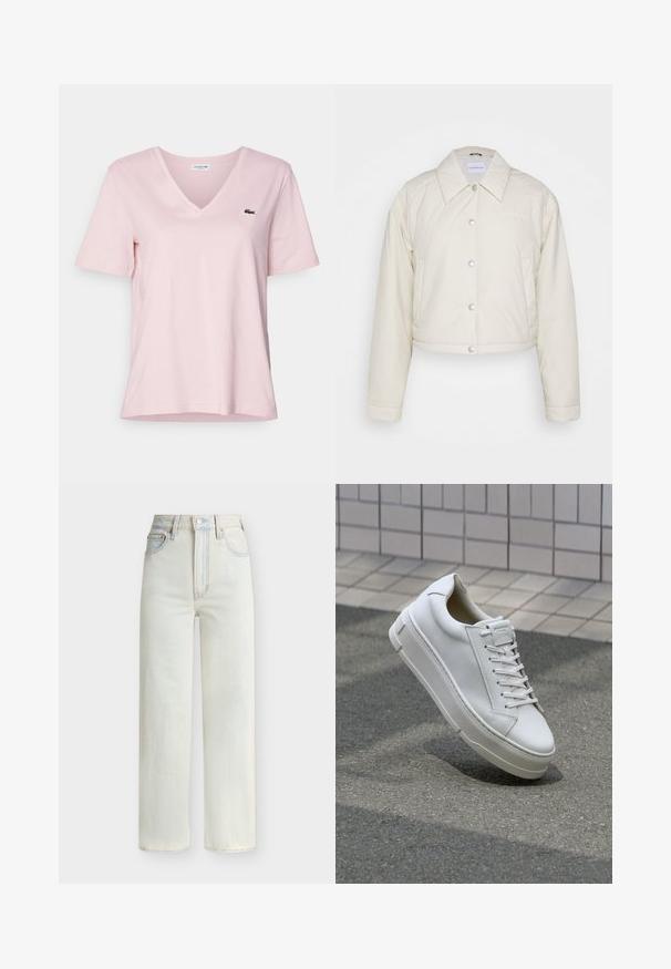 Calvin Klein Jeans CROPPED COACH JACKET - Veste mi-saison - eggshell; T-shirt en coton rose clair avec un col en V et des manches courtes, arborant un petit logo de crocodile brodé en vert sur la poitrine gauche.; Jean en denim bleu clair à taille haute avec jambe droite, boutons à l'avant, fermeture éclair et cinq poches.; Baskets blanches en cuir avec un design bas, lacets plats, bout arrondi et côtés texturés. Semelle en caoutchouc épaisse avec des accents subtils.