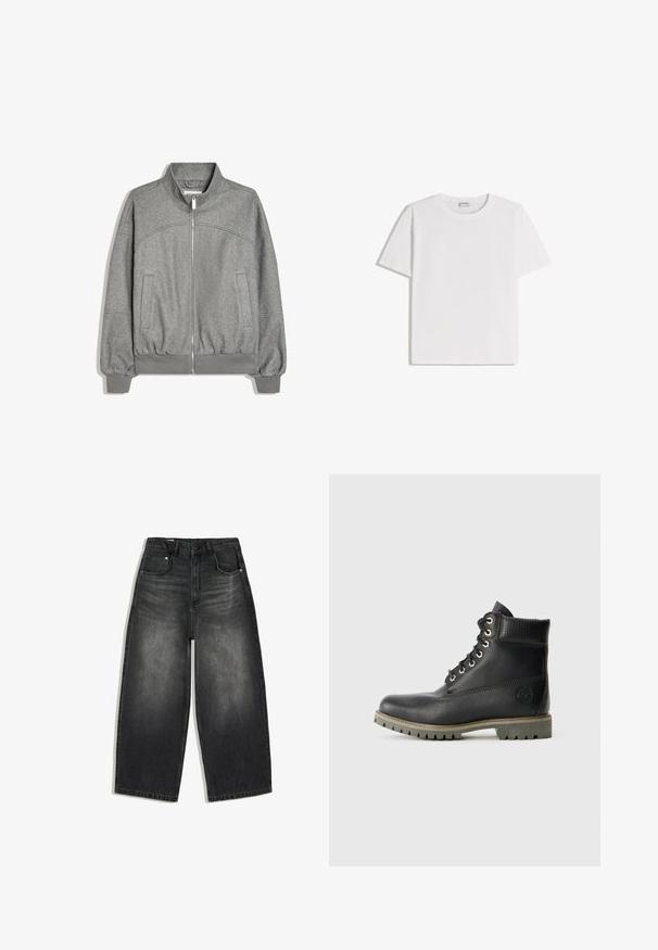 Graue Jacke mit Reißverschluss, hohem Kragen, langen Ärmeln, gerippten Bündchen und Saum sowie zwei Seitentaschen, flach auf weißem Hintergrund liegend.; Weißes Baumwoll-T-Shirt mit Rundhalsausschnitt und kurzen Ärmeln. Klassische, kastige Form ohne sichtbare Muster oder Verzierungen.; Schwarz gewaschene Jeans mit weitem Bein, vorne und hinten Taschen, Gürtelschlaufen und einem Knopfverschluss in der Taille.; Schwarze Leder-Stiefelette mit Schnürdesign, gepolstertem Kragen und strukturiertem Einsatz. Verfügt über eine robuste Sohle und ein geprägtes Logo an der Seite.