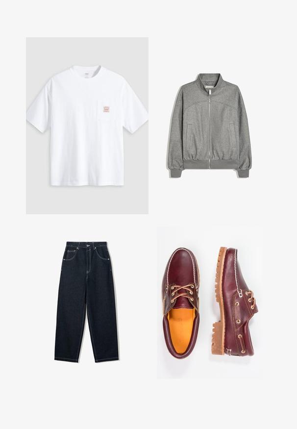Graue Jacke mit Reißverschluss, hohem Kragen, langen Ärmeln, gerippten Bündchen und Saum sowie zwei Seitentaschen, flach auf weißem Hintergrund liegend.; Weißes T-Shirt mit kurzen Ärmeln und Rundhalsausschnitt sowie einer kleinen Brusttasche vorne mit einem beige-roten rechteckigen Label.; Dunkel indigoblaue Jeans mit geradem Bein, weißen Kontrastnähten, Fünf-Taschen-Design und Metallknopfverschluss an der Taille.; Bordeauxfarbene Lederschuhe mit braunen Gummisohlen, runder Zehenform, weißen Nähten und goldenen Ösen. Das Innenfutter weist eine gelbe Beschichtung auf.