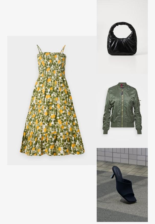 Olivengrüne Bomberjacke aus glänzendem, glattem Stoff. Verfügt über einen goldenen Reißverschluss, Rippbündchen und Saum sowie eine Reißverschlusstasche am Ärmel.; Blumenkleid mit gerafftem Oberteil, grünem und gelbem Zitronenprint, Spaghettiträgern und einem gestuften Rock mit Rüschensaum.; Schwarzer Mule mit offenem Zehenbereich, Blockabsatz und quadratischer Spitze, mit der Marke "EVEN&ODD", auf grauem Pflaster neben einer gefliesten Wand platziert.; Schwarze gepolsterte Handtasche mit einem runden Griff, die eine glatte, glänzende Oberfläche und eine weiche, gestepfte Textur aufweist. Keine sichtbare Hardware oder Akzente.