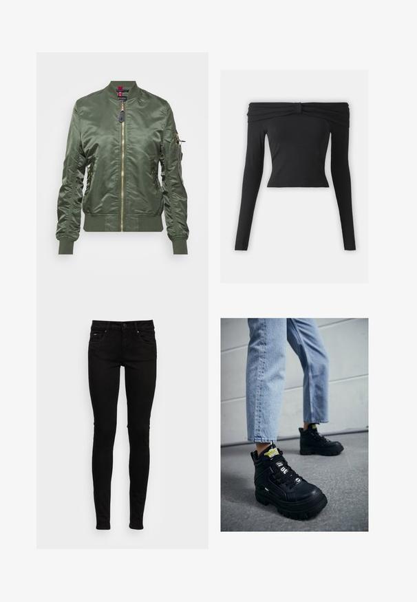 Chaqueta bomber de color verde oliva hecha de un tejido brillante y suave. Cuenta con un cierre de cremallera dorada, puños y dobladillo acanalados, y un bolsillo con cremallera en la manga.; Top negro de manga larga con cuello caído y detalle anudado. Ajustado, hecho de una tela suave con un corte cropped. Diseño sencillo y monocromático.; Pepe Jeans SOHO - Vaqueros pitillo - black; Zapatillas altas negras con suela gruesa, con diseño de cordones, acentos de logo y etiquetas amarillas. Combinadas con unos vaqueros cortos de color azul claro.
