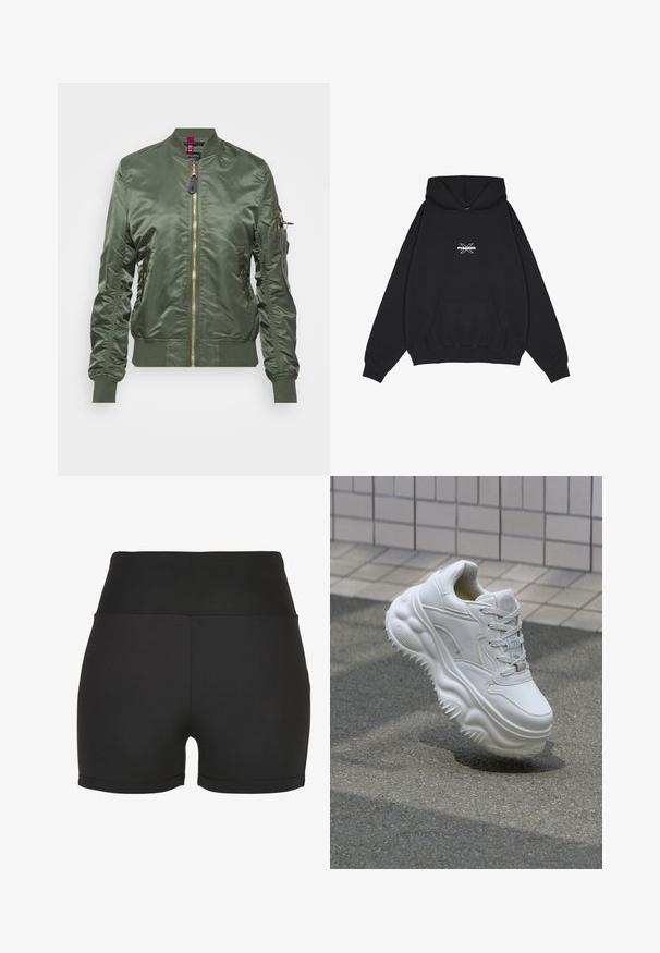 Oliven grøn bomberjakke lavet af skinnende, glat stof. Har guld lynlås, ribbede manchetter og kant, samt en lynlåslomme på ærmet.; Pegador BELLY OVERSIZED HOODIE - Hættetrøje - washed black; Sorte højtaljede atletikshorts lavet af glat, strækbart materiale. Har glatte sømme og et tætsiddende design, ideelt til træningstøj.; Hvide lædersneakers med en kraftig sål, teksturerede detaljer og snørelukning. Har formede accenter og en glat finish.