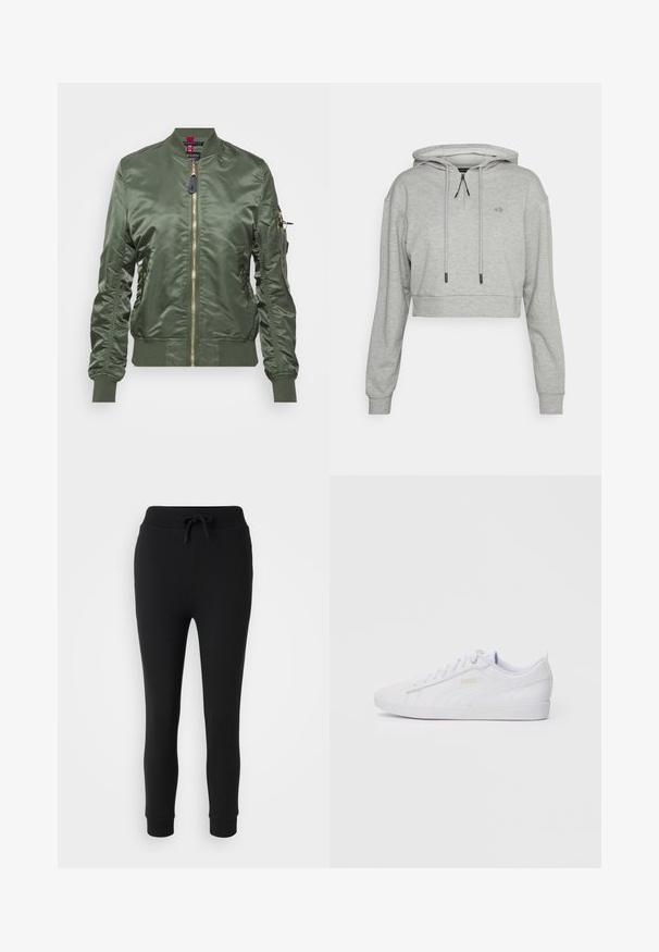 Olivová bomber bunda vyrobená z lesklého, hladkého materiálu. Obsahuje zlatý zips, ribbované manžety a lem, a zipsový vrecko na rukáve.; Even&Odd active Mikina s kapucňou - grey; Even&Odd Petite Tepláky - black; Biele nízkopriehnuté tenisky Puma s šnurovaním vpredu, decentným brandingom na boku a podošve a hladkým syntetickým zvrškom, ideálne na príležitostné nosenie.