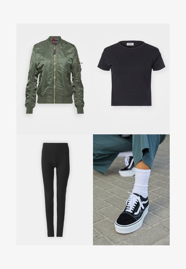 Olivová bomber bunda vyrobená z lesklého, hladkého materiálu. Obsahuje zlatý zips, ribbované manžety a lem, a zipsový vrecko na rukáve.; Denim Project DPMDPWRIBBED CROPPED T-SHIRT - Základné tričko - black; Čierne, elastické legíny s tesným strihom, so zvýšeným pásom a hladkým povrchom. Žiadne viditeľné vzory ani hardvérové detaily.; Čierne semišové tenisky s bielymi akcentmi a šnúrkami, s hrubou bielou podrážkou a kontrastným prešívaním, doplnené o bielu ponožku.