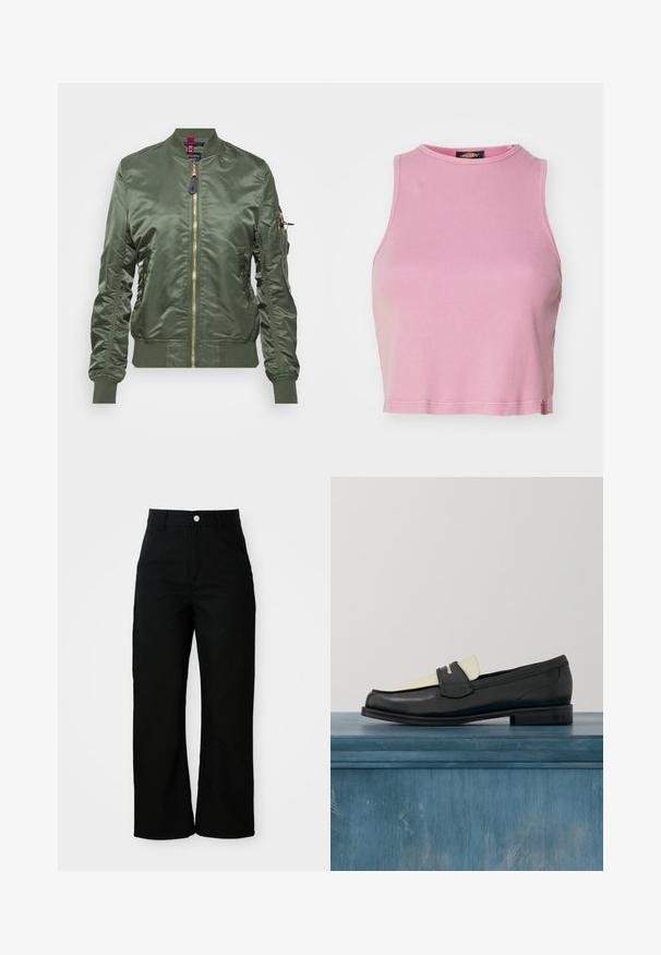 Ελαιόχρωμο bomber jacket φτιαγμένο από γυαλιστερό, λείο ύφασμα. Διαθέτει χρυσό φερμουάρ, ριμπ μανσέτες και στρίφωμα, καθώς και τσέπη με φερμουάρ στο μανίκι.; Ροζ ριγέ crop top με στρογγυλή λαιμόκοψη και χωρίς μανίκια. Περιλαμβάνει στρίφωμα που τελειώνει λίγο πάνω από τη μέση.; Μαύρο παντελόνι ψηλής μέσης, ίσιο, με μπροστινές τσέπες, θηλιές ζώνης και ασημένιο κούμπωμα σε λευκό φόντο.; Μαύρο και άσπρο δερμάτινο loafers με διακοσμητική ραφή, που αιωρείται πάνω από μια τσιμεντένια επιφάνεια με θολά φυτά στο βάθος.