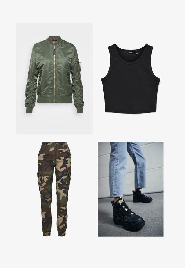 Oliven grøn bomberjakke lavet af skinnende, glat stof. Har guld lynlås, ribbede manchetter og kant, samt en lynlåslomme på ærmet.; Sort cropped tank top lavet af ribbet stof. Har brede stropper og en rund halsudskæring med en tætsiddende pasform.; Kamuflage cargo bukser i nuancer af grøn, brun og sort; har elastiske manchetter, sidelommer og en sikker knaplukning.; Sorte højtop sneakers med en chunky sål, med snørebåndsdesign, logo accenter og gule tags. Worn med lyseblå cropped jeans.