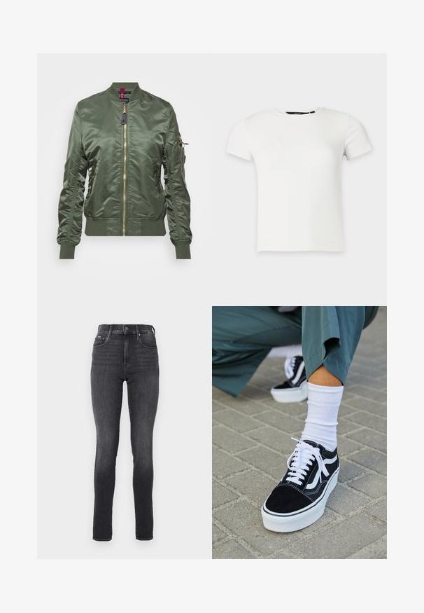 Olijfgroene bomberjack gemaakt van glanzende, gladde stof. Heeft een gouden rits, ribgebreide manchetten en zoom, en een ritszak op de mouw.; Wit geribbeld gebreid T-shirt met korte mouwen en een ronde hals, weergegeven op een effen lichtgrijze achtergrond.; Hoge taille skinny jeans in donkergrijs denim, met een gladde textuur, voorzien van voorzakken en een metalen knoopsluiting bij de tailleband.; Zwarte suède sneaker met witte accenten en veters, uitgerust met een dikke witte zool en contrasterende stiksels, gecombineerd met een witte sok.