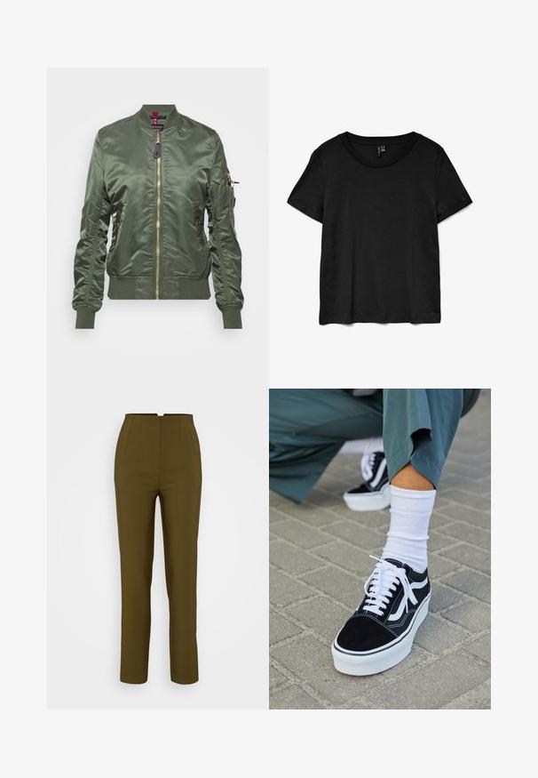Ελαιόχρωμο bomber jacket φτιαγμένο από γυαλιστερό, λείο ύφασμα. Διαθέτει χρυσό φερμουάρ, ριμπ μανσέτες και στρίφωμα, καθώς και τσέπη με φερμουάρ στο μανίκι.; Μαύρο κοντομάνικο μπλουζάκι φτιαγμένο από μαλακό ύφασμα. Διαθέτει κλασικό λαιμόκοψη και χαλαρή εφαρμογή με παράλληλο στρίφωμα.; Ελαιόλαδο πράσινα ραμμένα παντελόνια με ψηλή μέση, που διαθέτουν πιέτες μπροστά και ίσια σχέδια πόδι, κατασκευασμένα από ένα λείο ύφασμα.; Μαύρο σουέτ sneaker με λευκές λεπτομέρειες και κορδόνια, με παχύ λευκό πάτο και αντίθετη ραφή, συνοδευόμενο από λευκή κάλτσα.