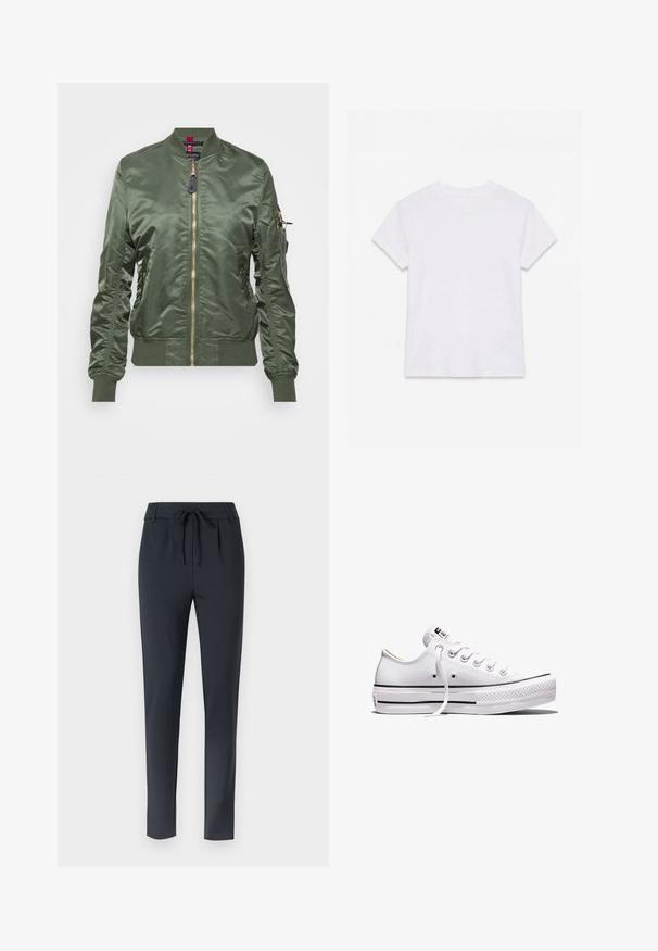 Veste bomber vert olive en tissu lisse et brillant. Dotée d'une fermeture éclair dorée, de bords-côtes aux poignets et à l'ourlet, ainsi que d'une poche zippée sur la manche.; T-shirt en coton blanc uni à manches courtes et col rond, étalé à plat sur un fond blanc.; Pantalons slim-fit bleu foncé avec taille à cordon, fabriqués dans un tissu doux et extensible, avec un devant plat et une jambe fuselée.; Baskets basses en toile blanche avec lacets blancs, semelle en caoutchouc, détails à rayures noires, et écusson logo sur la languette et le talon.
