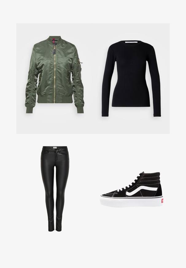 Veste bomber vert olive en tissu lisse et brillant. Dotée d'une fermeture éclair dorée, de bords-côtes aux poignets et à l'ourlet, ainsi que d'une poche zippée sur la manche.; Haut noir à manches longues en tissu côtelé. Doté d'un col rond et d'une coupe ajustée. Sans motifs ni ornements. Design simple.; Pantalons en faux cuir noir slim-fit avec bouton avant, fermeture à glissière et passants de ceinture, présentés sur un fond blanc.; Baskets montantes noires avec des lacets blancs, un logo blanc et des coutures blanches contrastées. Dotées d'une épaisse semelle blanche et d'un dessus en daim texturé.