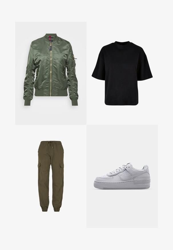 Veste bomber vert olive en tissu lisse et brillant. Dotée d'une fermeture éclair dorée, de bords-côtes aux poignets et à l'ourlet, ainsi que d'une poche zippée sur la manche.; T-shirt en coton noir avec un col haut, des manches courtes et une coupe large et boxy, sans motifs ni accents visibles.; Pantalon cargo vert olive avec taille et poignets élastiques, doté de poches latérales à rabat et d'une coupe décontractée.; Basket en cuir lisse gris Nike Air Force 1 avec un bout perforé, une semelle épaisse et un détail 'AIR' en relief sur le talon.