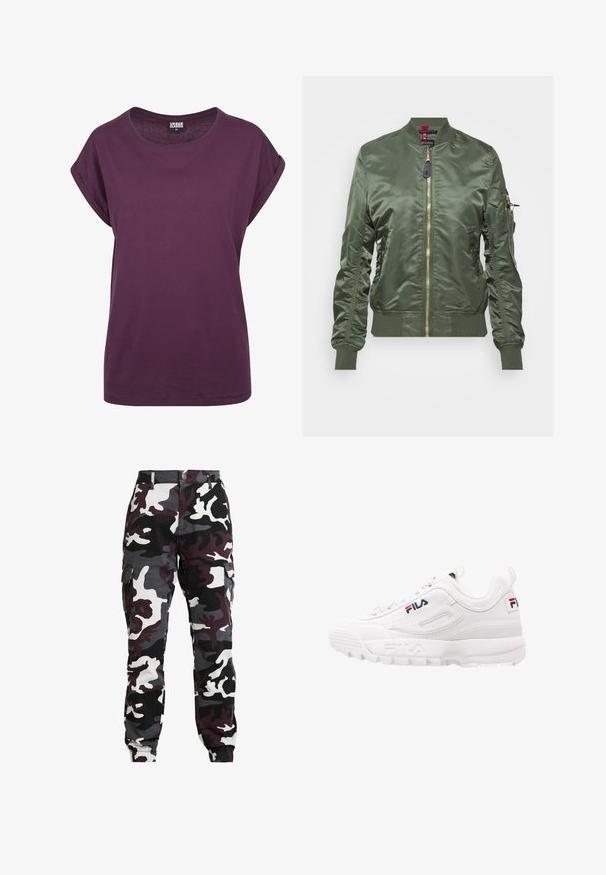 Ελαιόχρωμο bomber jacket φτιαγμένο από γυαλιστερό, λείο ύφασμα. Διαθέτει χρυσό φερμουάρ, ριμπ μανσέτες και στρίφωμα, καθώς και τσέπη με φερμουάρ στο μανίκι.; Μωβ βαμβακερό μπλουζάκι, χαλαρή εφαρμογή, στρογγυλή λαιμόκοψη, διπλωμένα κοντά μανίκια και ίσια τελείωση. Ελάχιστος σχεδιασμός χωρίς ορατά σχέδια ή προσθήκες.; Κάμεο cargo παντελόνια που διαθέτουν μια μίξη μαύρου, άσπρου, γκρίζου και μπορντό χρωμάτων, ελαστικές μανσέτες και πλαϊνές τσέπες για επιπλέον χρησιμότητα.; Λευκό αθλητικό sneaker με επενδεδυμένο κολάρο, πάνω μέρος από πλέγμα και συνθετικό δέρμα, λεπτομέρεια λογότυπου σε κόκκινο και ναυτικό μπλε, και χοντρή καουτσούκ σόλα.