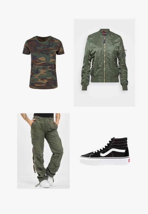 Ελαιόχρωμο bomber jacket φτιαγμένο από γυαλιστερό, λείο ύφασμα. Διαθέτει χρυσό φερμουάρ, ριμπ μανσέτες και στρίφωμα, καθώς και τσέπη με φερμουάρ στο μανίκι.; Μπλουζάκι παραλλαγής σε πράσινο, καφέ και μαύρο. Κοντά μανίκια, στρογγυλή λαιμόκοψη, απαλή υφή και κλασική εφαρμογή με σχέδιο οργανικών σχημάτων.; Ελαιόχρωμο cargo παντελόνι με πολλές τσέπες, ελαστική ζώνη και χαλαρή εφαρμογή. Το ύφασμα έχει απαλή υφή και ανθεκτική, στέρεη εμφάνιση.; Μαύρα ψηλά αθλητικά παπούτσια με λευκές κορδόνες, λευκό λογότυπο και αντίθετη λευκή ραφή. Διαθέτουν παχιά λευκή σόλα και υφή από σουέντ.
