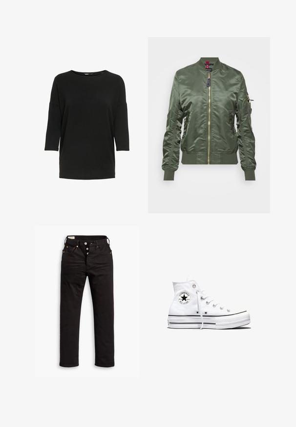 Chaqueta bomber de color verde oliva hecha de un tejido brillante y suave. Cuenta con un cierre de cremallera dorada, puños y dobladillo acanalados, y un bolsillo con cremallera en la manga.; Camiseta negra de manga larga hecha de un tejido suave y texturizado. Cuenta con un cuello redondo y un corte holgado con mangas de tres cuartos.; Vaqueros negros de pierna recta con cierre de botón, bolsillos delanteros y traseros, y detalles de remaches de cobre sobre un fondo blanco.; Zapatilla blanca de caña alta Converse Chuck Taylor All Star con parche de logo negro y cordones blancos, presentada sobre fondo blanco.