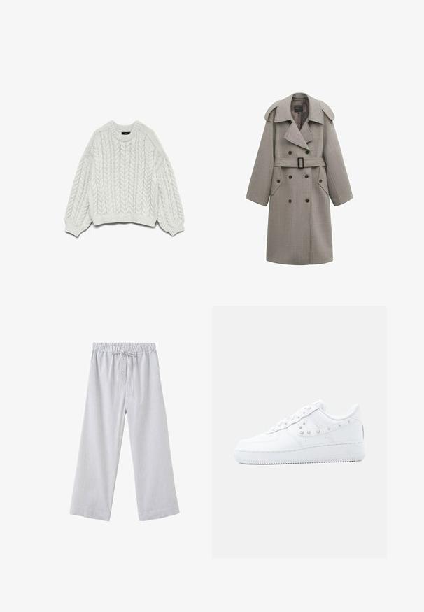 Lang grå dobbeltradet trenchcoat med brede revers, skulderklaffer, bælte i taljen og knaplukning på lommerne med klapper.; Hvid strikket sweater med et kabelstrikkemønster, rund halsudskæring og lange ærmer med ribbede manchetter og kant.; Lysegrå bukser med vide ben, elastik i taljen, knapper foran og snøre i taljen.; Hvid Nike Air Force 1 sneakers med nittebesat Swoosh-detalje og tyk sål, vist mod en ensartet lysegrå baggrund.