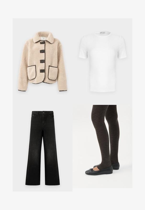 Veste en fausse fourrure beige avec un col, cinq boutons sombres et deux poches frontales bordées de finition foncée. Texture douce et silhouette structurée.; T-shirt blanc à manches courtes, côtelé, col rond avec une coupe ajustée et une petite étiquette de marque à l'intérieur du col.; Jean noir à jambes larges en denim, avec une fermeture à bouton sur le devant, des passants de ceinture et quatre poches, au toucher lisse et avec un léger délavage.; Jambes portant des leggings côtelés foncés associés à des ballerines noires avec de petits détails en nœud sur fond blanc.
