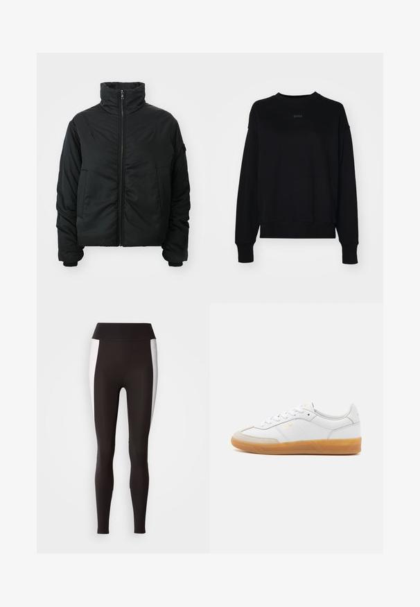 Sort polstret jakke med høj krave, lynlåslukning, lange ærmer og to frontlommer. Glat tekstur, kort design uden mønstre.; Sort sweatshirt lavet af en blanding af bomuld, med lange ærmer, en rund halsudskæring og et diskret logo i midten. Boxy pasform med ribbestrikkede manchetter.; Sorte leggings med bred talje, med hvide sideløsninger. Lavet af strækbart stof med en glat tekstur og en tætsiddende pasform.; Hvide lædersneakers med beige ruskindsdetaljer, gummisål og snøredesign. Har diskret branding i guld.