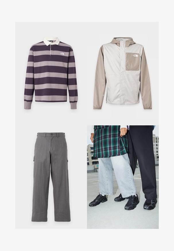 Veste coupe-vent beige et gris clair avec capuche, poche poitrine devant avec logo The North Face, et fermeture zippée intégrale devant.; Maillot de rugby à manches longues avec larges rayures horizontales violet foncé et gris, col blanc et logo The North Face sur la poitrine.; Pantalons cargo gris avec une coupe droite, fabriqués en tissu durable. Comprend des poches latérales et une fermeture à bouton à la taille.; Baskets de sport noires avec des accents en mesh et en caoutchouc. Portées avec un jean large gris clair et un haut à carreaux vert. Fond à surface plane.