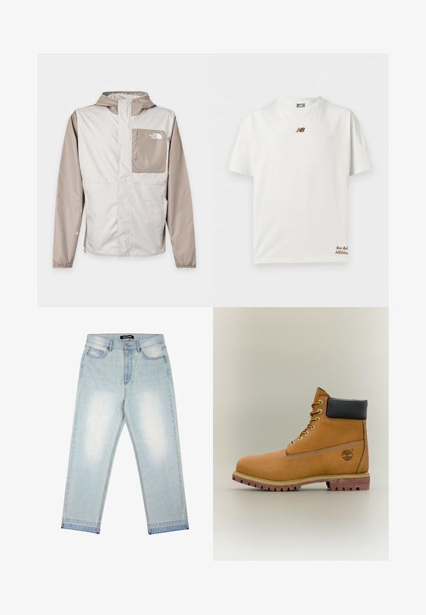 Chaqueta cortavientos beige y gris claro con capucha, bolsillo frontal en el pecho con el logo de The North Face y cierre frontal completo con cremallera.; Camiseta blanca de manga corta con pequeño logo marrón de New Balance en el pecho y texto "New Balance Athletics" cerca del dobladillo inferior.; Pegador BARROW - Vaqueros holgados - sand washed blue; Bota de tobillo de cuero marrón con cuello negro, cordones amarillos y suela beige. Presenta un logotipo y detalles de costura blanca. Suela exterior con tracción robusta.