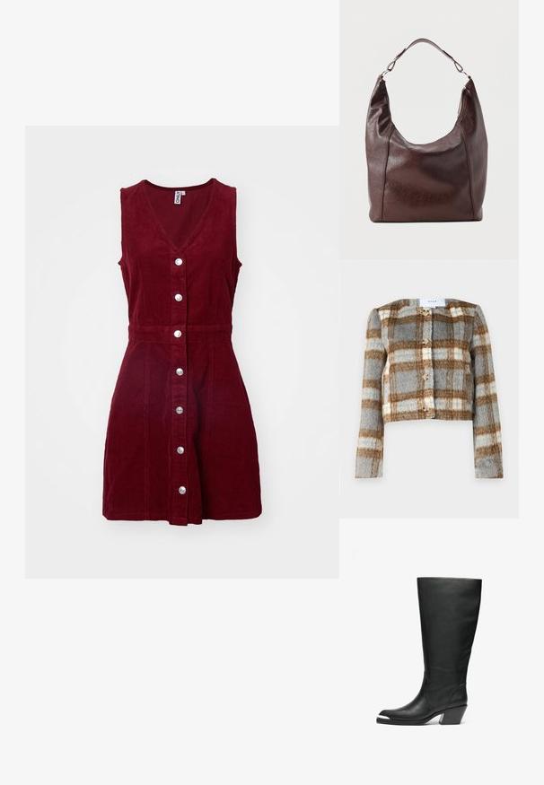 Veste courte en motif vichy gris, marron et blanc. Fabriquée en tissu texturé avec cinq boutons sur le devant. Manches longues.; ONLY ONLMOXIE DRESS - Robe de jour - cabernet; Bottes noires en cuir hautes avec une pointe fermée et un design découpé. Elles présentent un talon épais et une texture lisse. Les détails sur les panneaux latéraux sont remarquables.; Sac à bandoulière en cuir marron foncé avec une seule sangle réglable, un dessus légèrement incurvé et une fermeture éclair sur un côté.