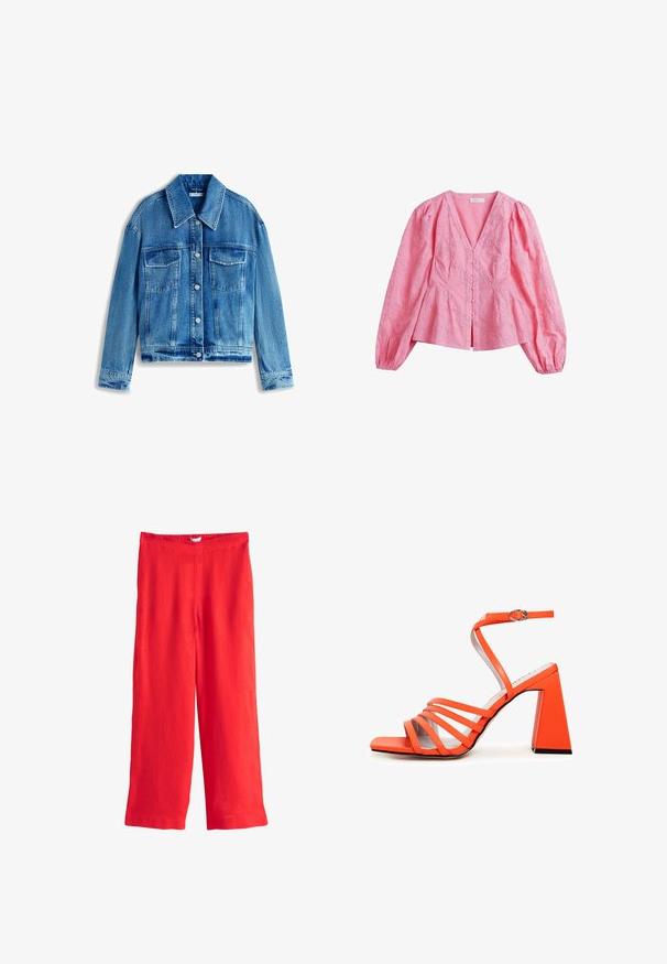 Leren spijkerjack in lichtblauw, met een kraag, lange mouwen, twee borstzakken en zilveren knopen. Overal een versleten textuur.; Roze blouse met lange mouwen, V-hals, voorzijde met stof bedekte knopen, pofmouwen en subtiele bloemrijke borduurdetails.; Felrode, wijde broek met een platte voorkant en elastische tailleband, getoond tegen een witte achtergrond.; Oranje blokhak sandaal met meerdere smalle banden en een enkelgesp. Goede textuur en vierkante neusontwerp. Platte zwarte buitenzool.