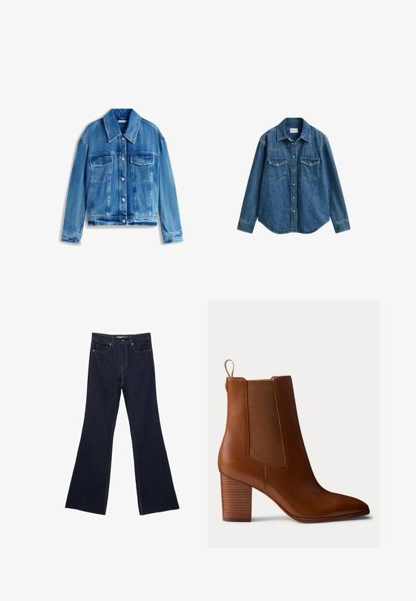 Jeansjacke in Hellblau, mit Kragen, langen Ärmeln, zwei Brusttaschen und silbernen Knöpfen. Durchgehend mit einem abgenutzten Look.; Blaues Jeanshemd mit langen Ärmeln, Kragen, Druckknöpfen vorne und zwei Brusttaschen mit Klappe, vor einem weißen Hintergrund gezeigt.; Dunkelblaue Jeans mit ausgestelltem Bein, ausgestattet mit einem klassischen Fünf-Taschen-Design und sichtbaren Nähten. Der Stoff hat eine glatte Textur mit minimalen Verblassungen.; Brauner Leder-Stiefelette mit Blockabsatz, elastischen Seiteneinsätzen und Zuglasche hinten, im Profil vor einfarbigem Hintergrund gezeigt.