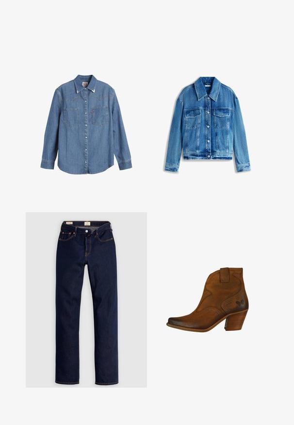 Jeansjacke in Hellblau, mit Kragen, langen Ärmeln, zwei Brusttaschen und silbernen Knöpfen. Durchgehend mit einem abgenutzten Look.; Hellblaues Denim-Hemd mit langen Ärmeln, spitzem Kragen, zwei Brusttaschen und kontrastierenden Nähten. Verfügt über ein Design mit Westernstil-Yoke.; Dunkelblaue Jeans mit geradem Bein, oranger Naht, fünf Taschen und Knopfverschluss, flach auf einem hellen Hintergrund ausgebreitet.; Braune Leder-Ankle-Boots mit spitzem Zehenbereich, dekorativen Nähten und kurzem, gestapeltem Absatz. Seitlicher Tab für einfaches Anziehen, dezente Logodetails.