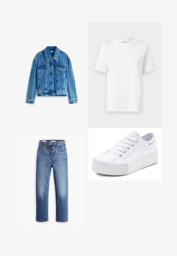 Leren spijkerjack in lichtblauw, met een kraag, lange mouwen, twee borstzakken en zilveren knopen. Overal een versleten textuur.; Witte katoenen T-shirt met ronde hals, korte mouwen en een gladde textuur. Ontworpen met een comfortabele en veelzijdige relaxte pasvorm.; Blauwe denim jeans met een hoge taille, rechte pijpen en vervaagde delen. Voorzien van voorzakken en metalen details.; Witte lage leren vetersneakers met dikke rubberen zool en een gestructureerde neuskap, met een stoffen bovenwerk en een merketiket aan de kraag.