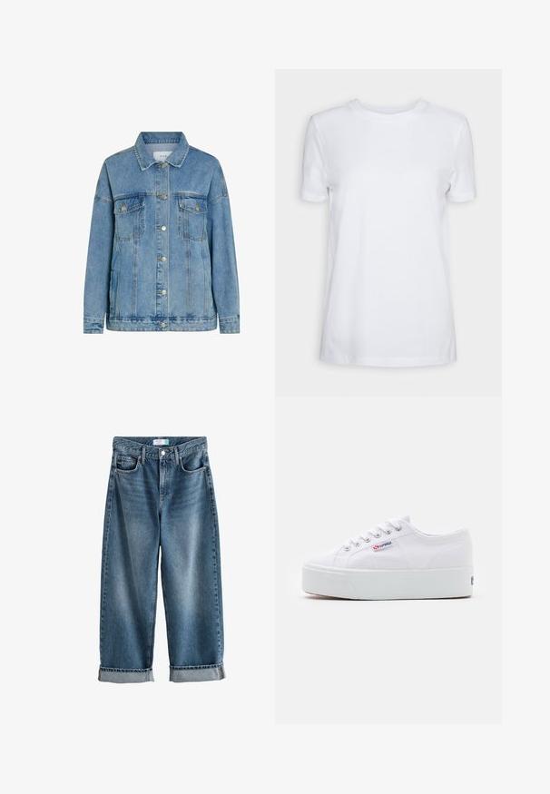 Hellblaue Jeansjacke mit Metall-Druckknöpfen, zwei vorderen Brusttaschen mit Klappen, langen Ärmeln und einem klassischen Kragen.; Schlichtes weißes T-Shirt mit kurzen Ärmeln und Rundhalsausschnitt, normaler Passform und einem kleinen Innenhalsetikett mit der Aufschrift „SELECTED FEMME.“; Blaue Denim-Boyfriend-Jeans mit Umschlägen, vorderem Knopf- und Reißverschluss sowie sichtbaren Vordertaschen.; Weiße Leinenschuhe mit einer dicken weißen Plattformsohle, runder Zehenpartie und Metallösen für die Schnürsenkel. Markenlogo an der Seite angebracht.