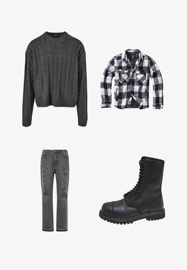 Sort, hvid og grå ternet langærmet jakke med to brystlommer med knapklapper og sidelommer, åben front med synlige knapper.; Cable-strikket pullover i mørkegrå med rund halsudskæring, drop-skulder og ribbet bund. Har teksturerede mønstre overalt.; Grå denim straight-leg jeans med slidte detaljer, der har synlige rifter og en let frynset kant samt sølvfarvet knaplukning.; Sort læder kampstøvle med høj skaft, snørebånd foran, polstret krave og en robust tekstureret sål for godt greb. Har forstærket tåhætte.