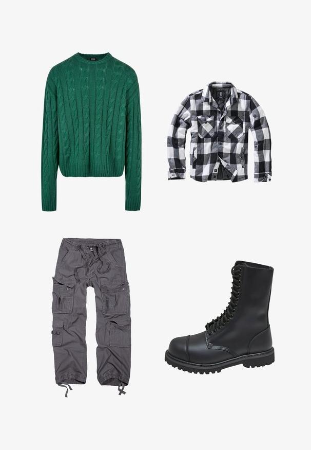 Chaqueta de manga larga a cuadros en blanco, negro y gris, con dos bolsillos en el pecho con solapa y botón, y bolsillos laterales para las manos, abertura frontal con botones visibles.; Suéter verde de punto trenzado con cuello redondo y mangas largas. Presenta un diseño corto y un patrón texturizado en toda la prenda.; Pantalones cargo grises con múltiples bolsillos, cintura con cordón, cierre de botón, puños ajustados y un acabado de tela texturizada.; Bota de combate de cuero negro con caña alta, parte frontal con cordones, cuello acolchado y suela texturizada resistente para un buen agarre. Presenta una puntera reforzada.