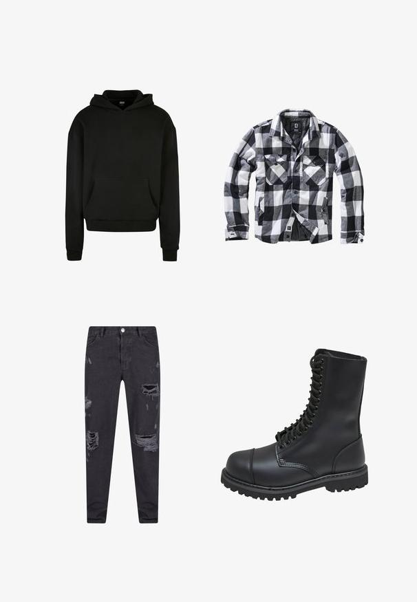 Veste à manches longues à carreaux noirs, blancs et gris avec deux poches poitrine à rabat boutonné et poches latérales pour les mains, ouverture avant avec boutons apparents.; Sweatshirt à capuche noir fabriqué en tissu doux, avec une poche avant, des poignets côtelés et une coupe décontractée.; Jean en denim noir avec une coupe slim, présentant des déchirures usées et des patches effilochés, un design classique à cinq poches et une fermeture par un bouton en métal.; Botte de combat en cuir noir avec un haut tige, fermeture lacée à l'avant, col rembourré et semelle texturée robuste pour une meilleure adhérence. Dotée d'un capuchon de protection renforcé.