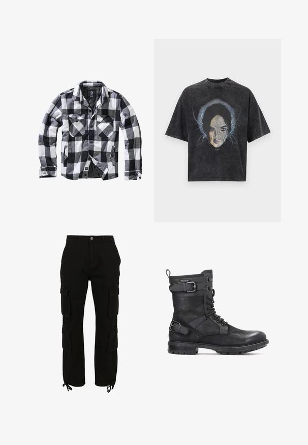 Chaqueta de manga larga a cuadros en blanco, negro y gris, con dos bolsillos en el pecho con solapa y botón, y bolsillos laterales para las manos, abertura frontal con botones visibles.; Camiseta de gran tamaño de color gris oscuro con un gráfico de la cara de una mujer y líneas azules abstractas que rodean su cabeza.; Pantalones cargo negros de algodón, con múltiples bolsillos laterales, cierre de botón y bajos ajustables con cordones.; Kazar HEARD - Botines camperos - black
