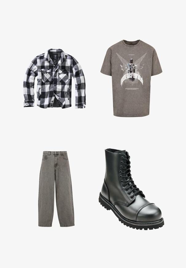 Veste à manches longues à carreaux noirs, blancs et gris avec deux poches poitrine à rabat boutonné et poches latérales pour les mains, ouverture avant avec boutons apparents.; T-shirt oversized gris en coton, présentant une impression graphique d'une statue ailée et un texte stylisé sur le devant.; Pantalon en denim gris avec taille haute, jambes larges, design classique à cinq poches et fermeture à bouton à l'avant. Fini légèrement texturé.; Botte de combat en cuir noir avec une tige haute, bout rond, laçage sur le devant et semelle en caoutchouc robuste avec un profil de crantage profond pour une meilleure adhérence.