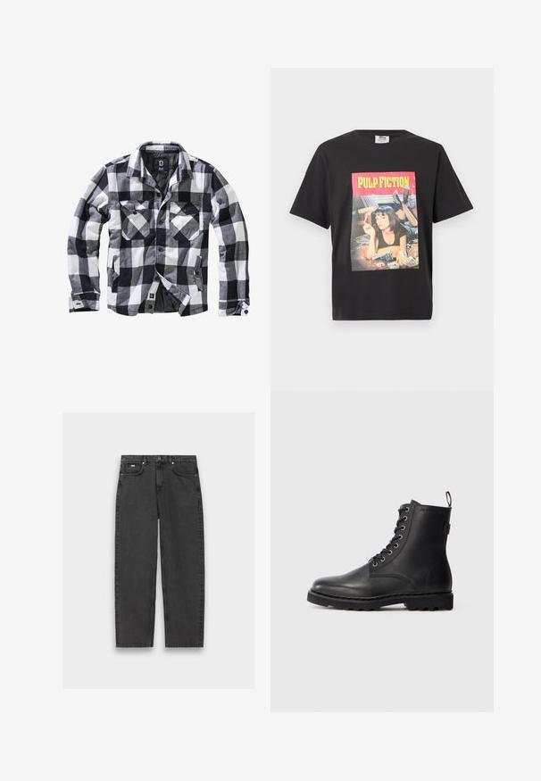 Veste à manches longues à carreaux noirs, blancs et gris avec deux poches poitrine à rabat boutonné et poches latérales pour les mains, ouverture avant avec boutons apparents.; T-shirt noir avec un graphisme d'une femme allongée sur un lit tenant une cigarette, un pistolet sur le lit, et le texte « PULP FICTION » au-dessus.; Jeans noirs à jambe droite avec cinq poches, fermeture à bouton et coutures visibles, posés à plat sur un fond neutre.; Bottine en cuir noir avec bout rond, design à lacets et œillets métalliques. Dispose d'une semelle texturée et d'une languette au talon pour un enfilage facile.