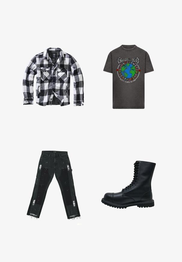 Veste à manches longues à carreaux noirs, blancs et gris avec deux poches poitrine à rabat boutonné et poches latérales pour les mains, ouverture avant avec boutons apparents.; T-shirt gris foncé avec un graphique coloré de la Terre entouré d'ours dansants, le texte "Grateful Dead" au-dessus et "Soixante ans jusqu'à présent" en dessous.; Jeans en denim noir avec des patches déchirés, des ourlets effilochés et des accents texturés. Taille mi-haute avec un design standard à cinq poches.; Bottines en cuir noir à lacets avec un bout rond, une tige haute, une semelle en caoutchouc épaisse et une surface texturée. Comprend des piqûres renforcées le long des coutures.